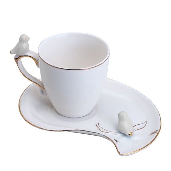 Xicara 90ml Café Porcelana Cute Birds Branco Design Plate